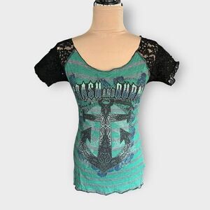 Vintage Crash & Burn Women’s Large Green Black Anchor Shirt Short Sleeve Y2K